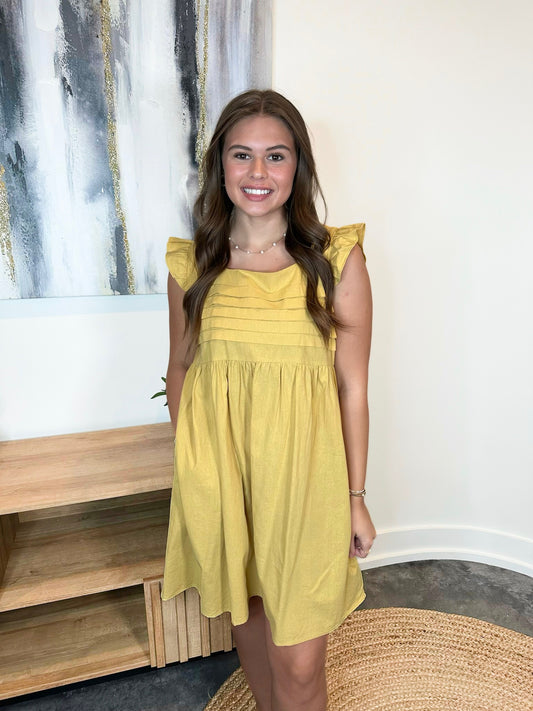 Mustard Baby Doll Flutter Sleeve Mini Dress