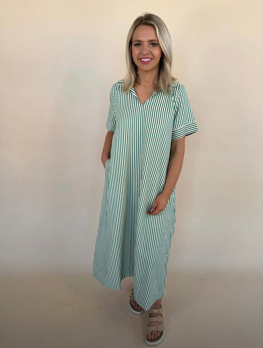 Raina Split Neck Striped Midi Dress