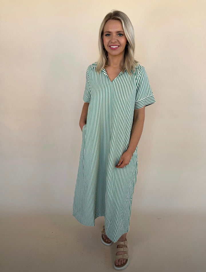 Raina Split Neck Striped Midi Dress