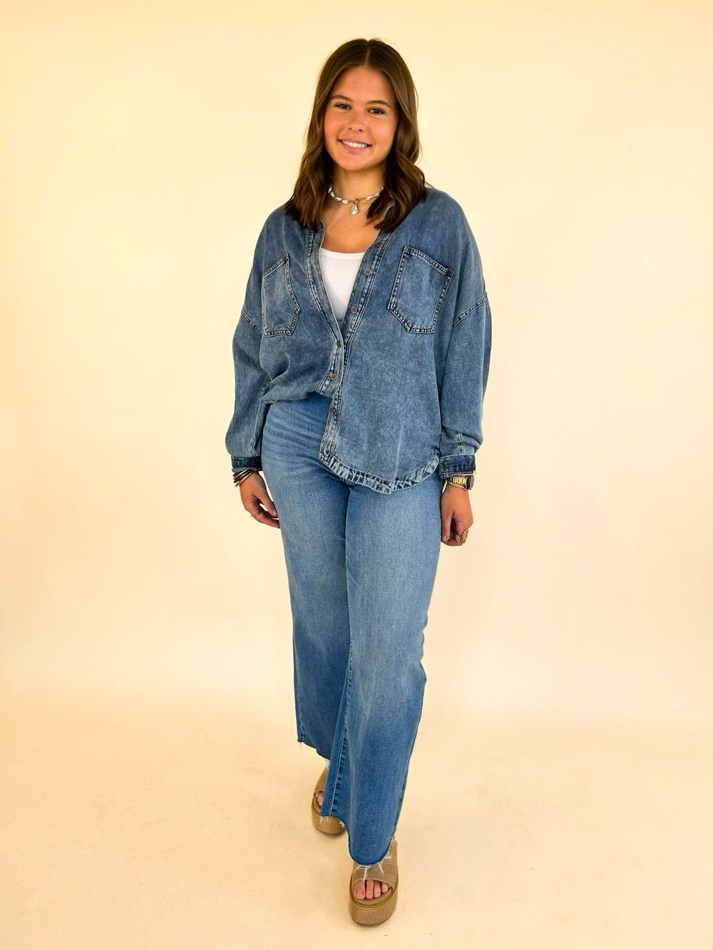 Front view of Marlow Mineral Wash Denim Shirt styled with matching wide leg denim pants