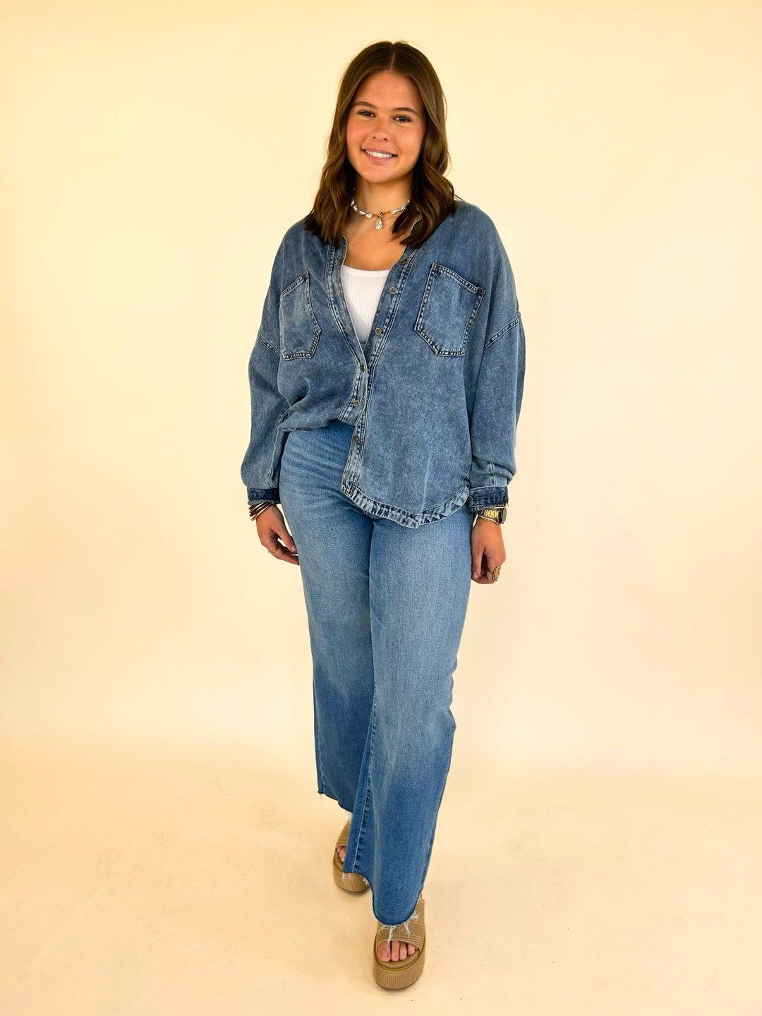 Front view of Marlow Mineral Wash Denim Shirt styled with matching wide leg denim pants