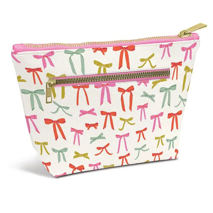 Bow print makeup bag with exterior zipper pocket