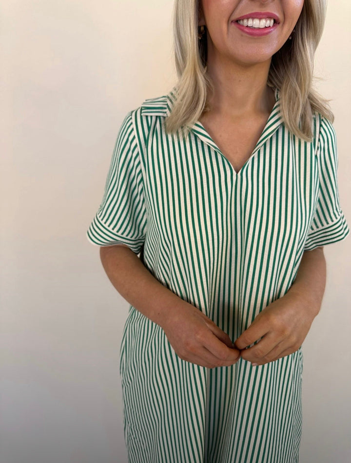Raina Split Neck Striped Midi Dress