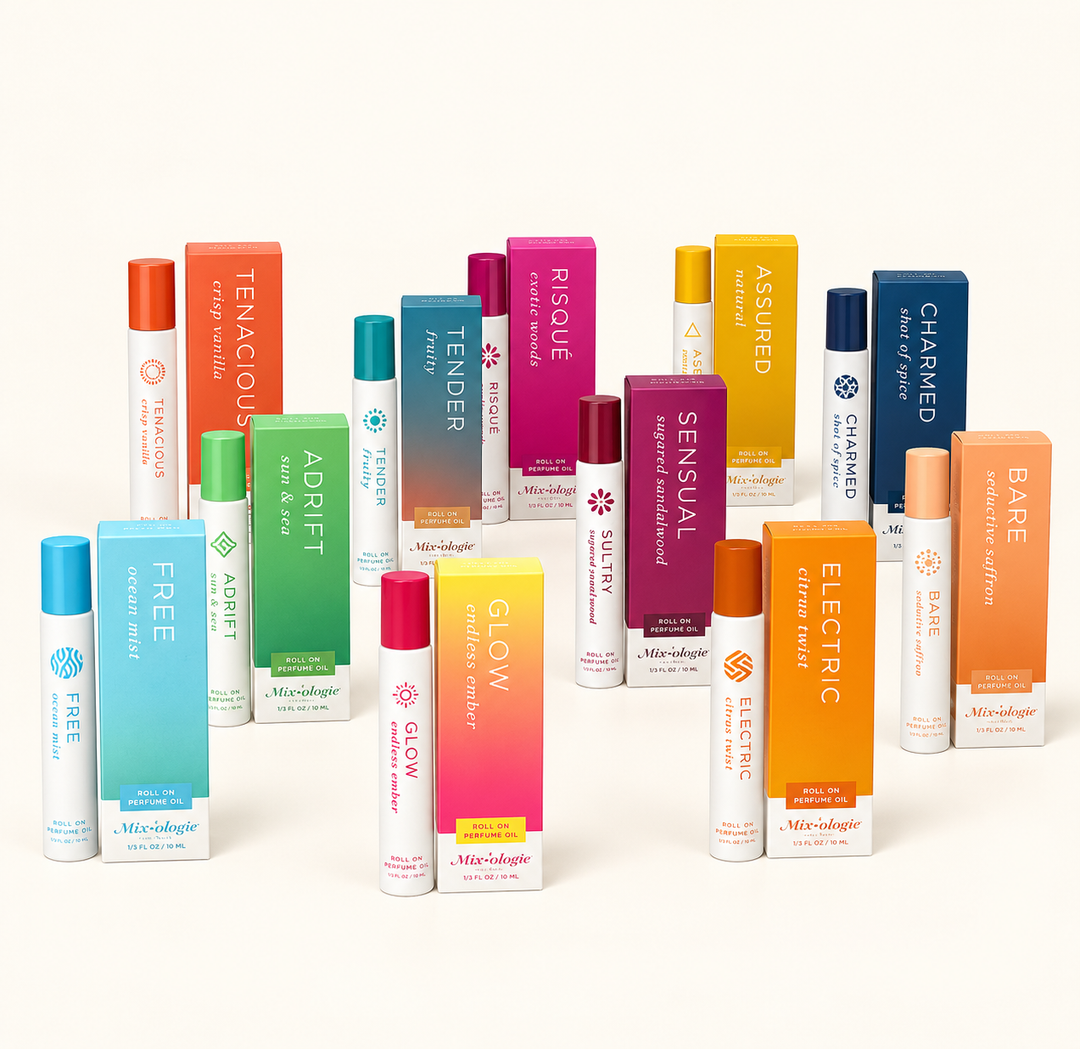 Copy
Mixologie Rollerball Perfume collection featuring colorful 5 mL alcohol-free fragrance oils and matching boxes in assorted scents at Square 1 Boutique.