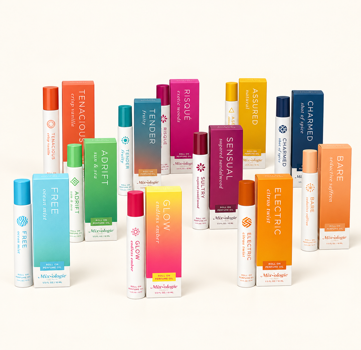 Copy
Mixologie Rollerball Perfume collection featuring colorful 5 mL alcohol-free fragrance oils and matching boxes in assorted scents at Square 1 Boutique.