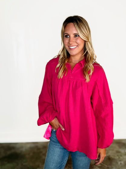 Crinkle Collared Bubble Sleeve Flowy Blouse