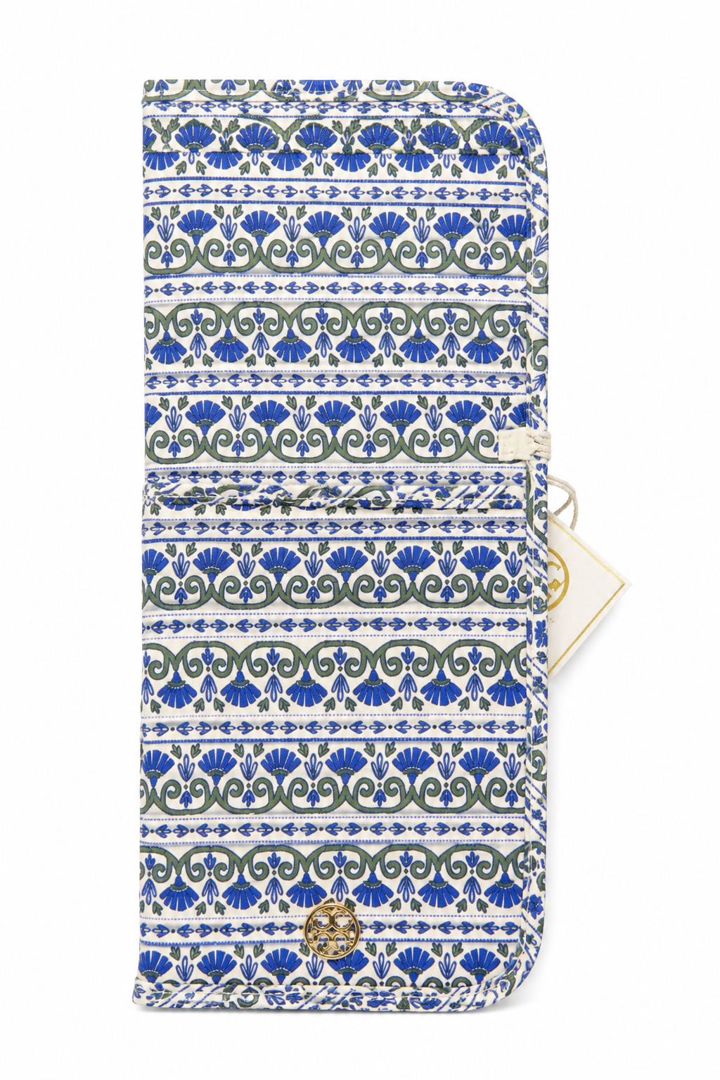 Blue and white floral hot tools travel pouch with secure wrap design, heat-resistant styling tool holder for curling irons, flat irons, hair straighteners, and travel organization.