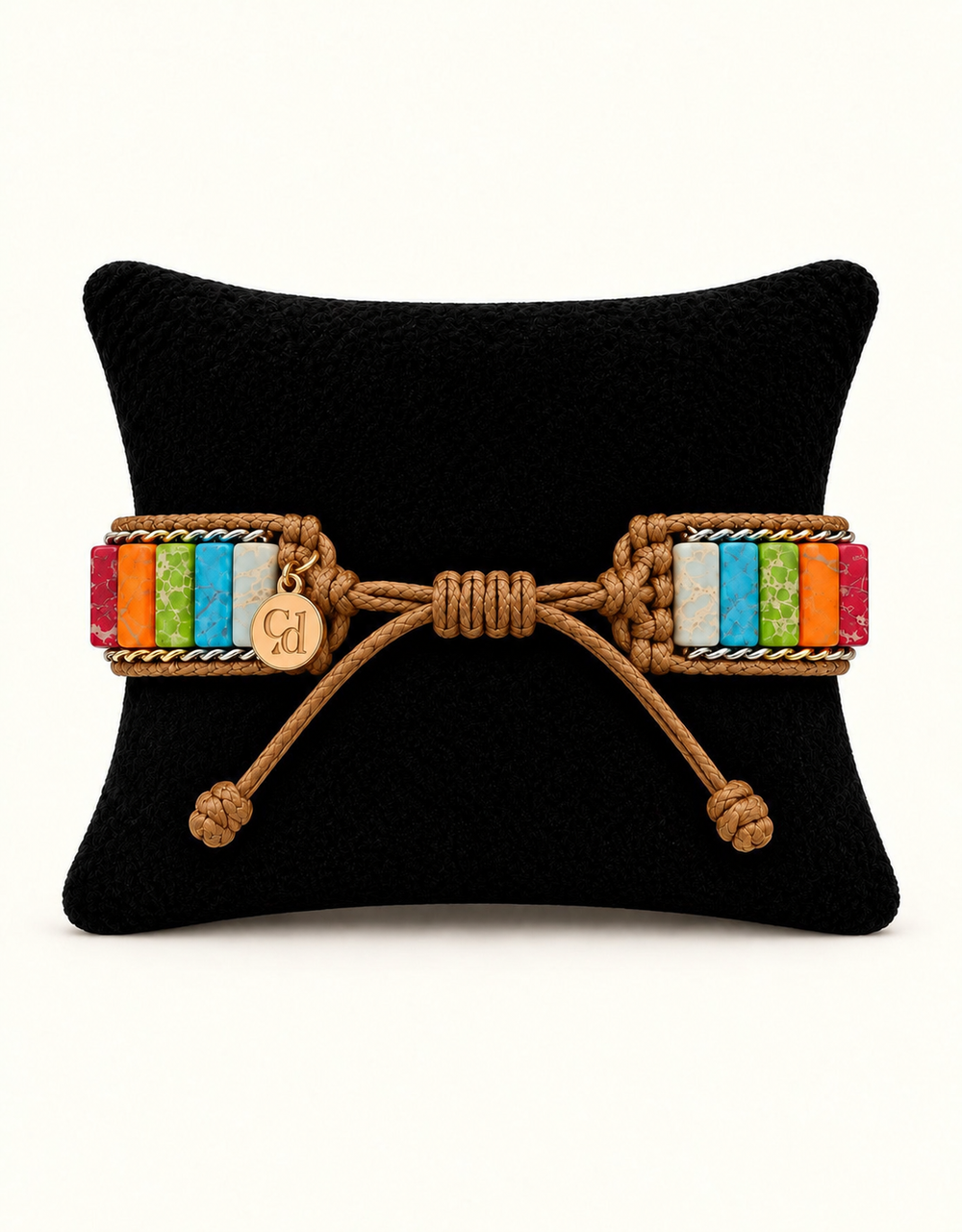 A braided tan rope bracelet with colorful striped woven bands on both ends and a small round engraved charm, displayed on a black cushion against a light background.