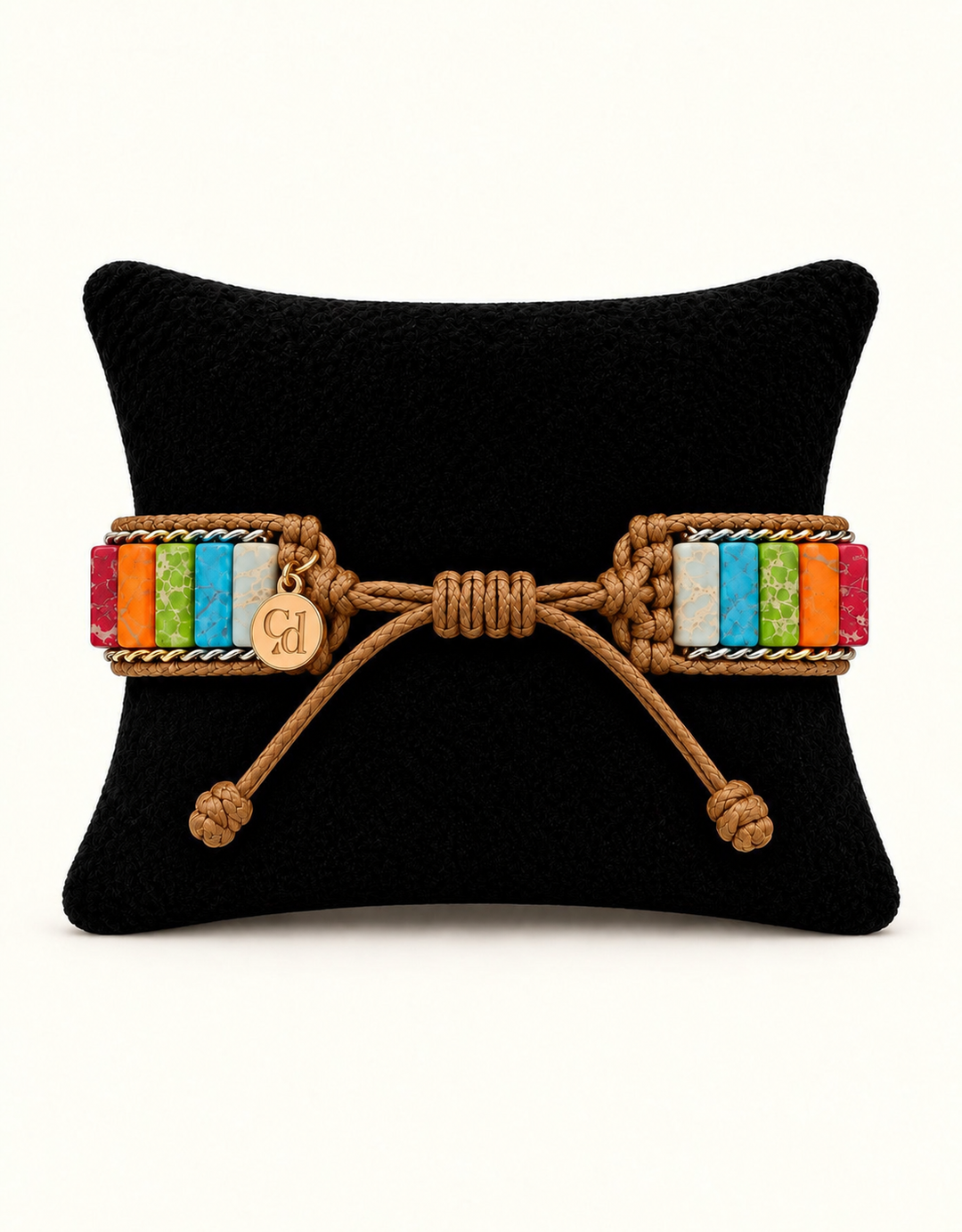 A braided tan rope bracelet with colorful striped woven bands on both ends and a small round engraved charm, displayed on a black cushion against a light background.