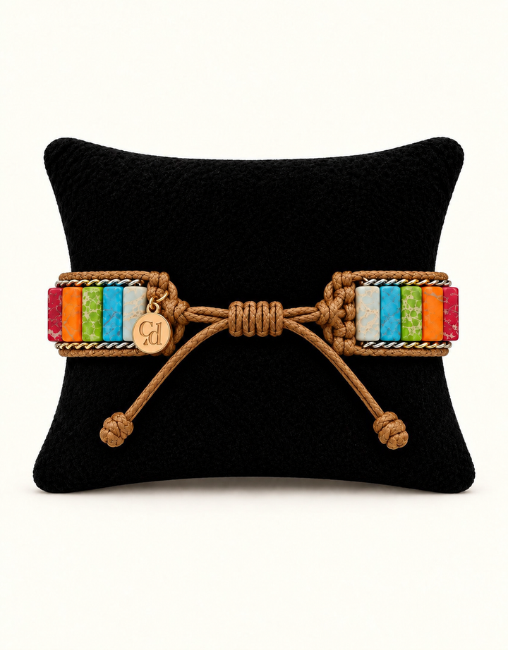 A braided tan rope bracelet with colorful striped woven bands on both ends and a small round engraved charm, displayed on a black cushion against a light background.