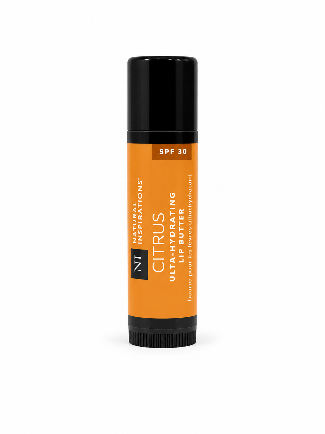 Natural Inspirations Citrus Ultra-Hydrating Lip Butter with SPF 30 in a moisturizing lip balm tube for soft, protected lips.