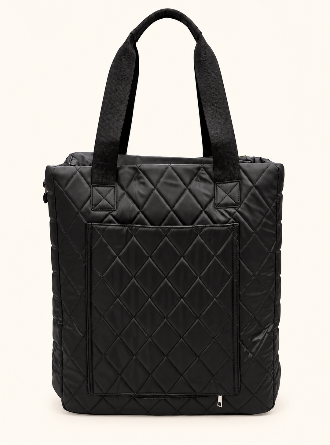 Rear view of Simply Southern black quilted tote bag showing sturdy shoulder straps, diamond stitched exterior, and large back storage pocket.