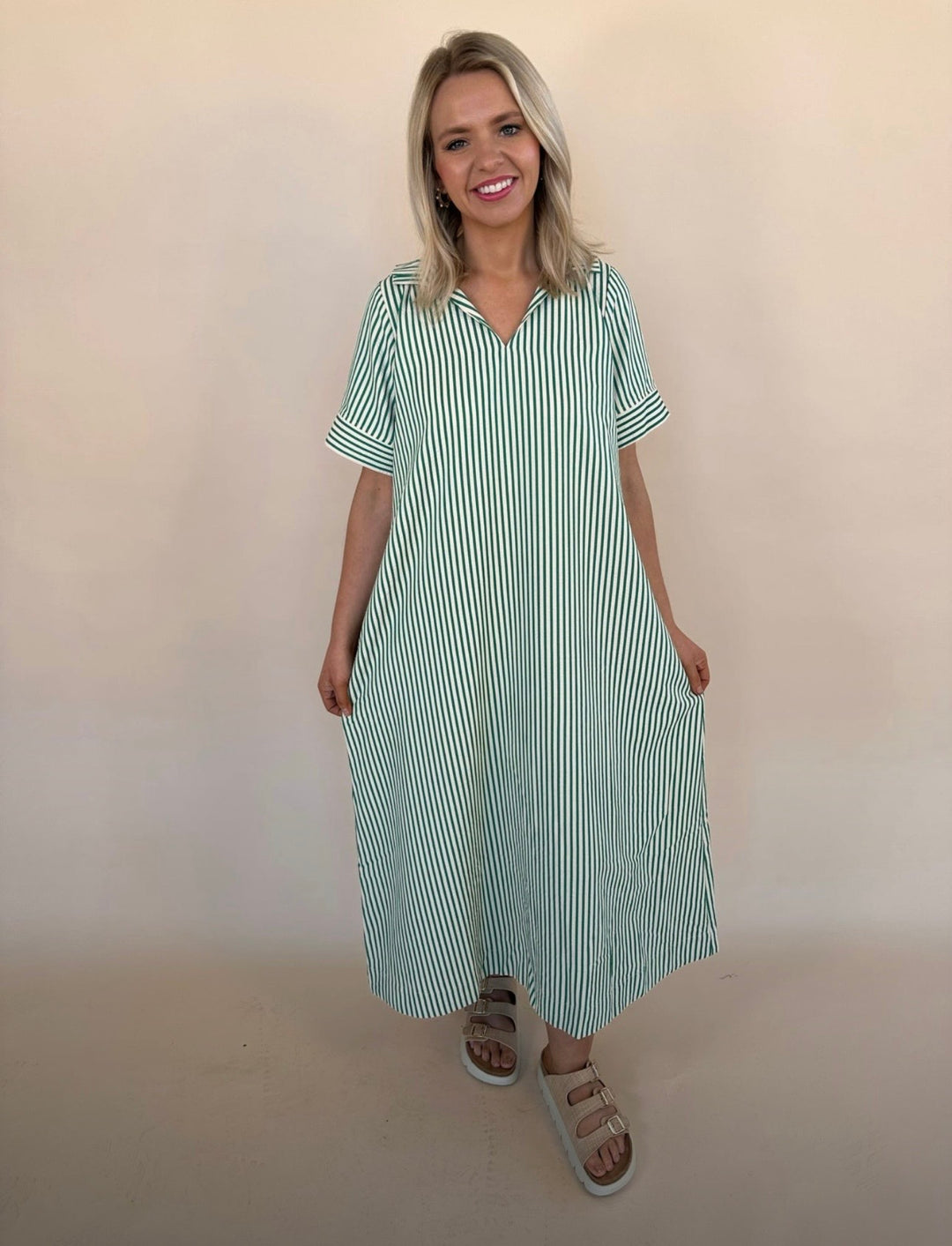 Raina Split Neck Striped Midi Dress