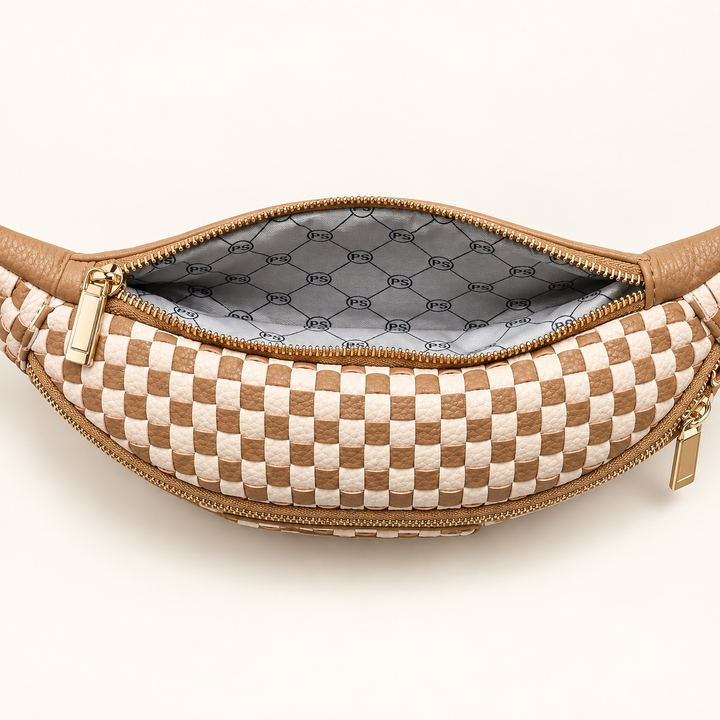 Interior view of the Checkered Tan Woven Susie Sidekick Bum Bag with organizational compartments.