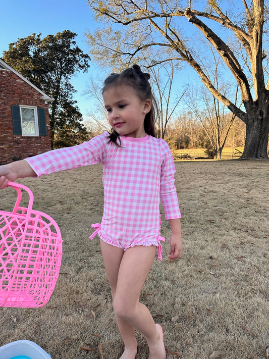 Pink Gingham Ruffle Bottom Swimsuit