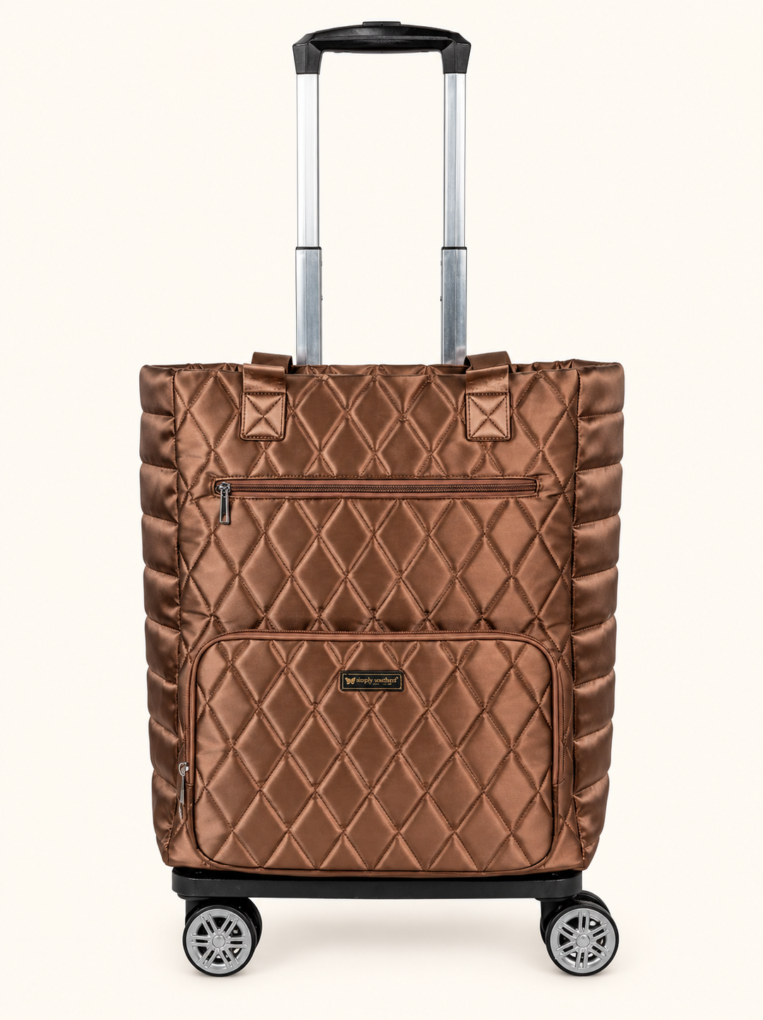 Simply Southern copper quilted swivel rolling tote bag with metallic finish, front zipper pockets, telescoping handle, and four spinner wheels.