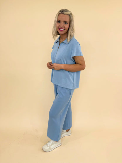 CloudSilk Weekend Set in soft blue modal blend with cap sleeve zip collar top and cropped drawstring pants with pockets