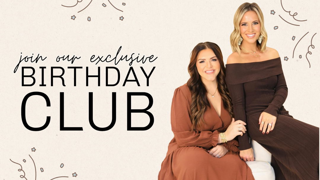 Two women in brown dresses sitting together with text about joining an exclusive birthday club on a beige background | Square 1 Boutique | Brent, AL
