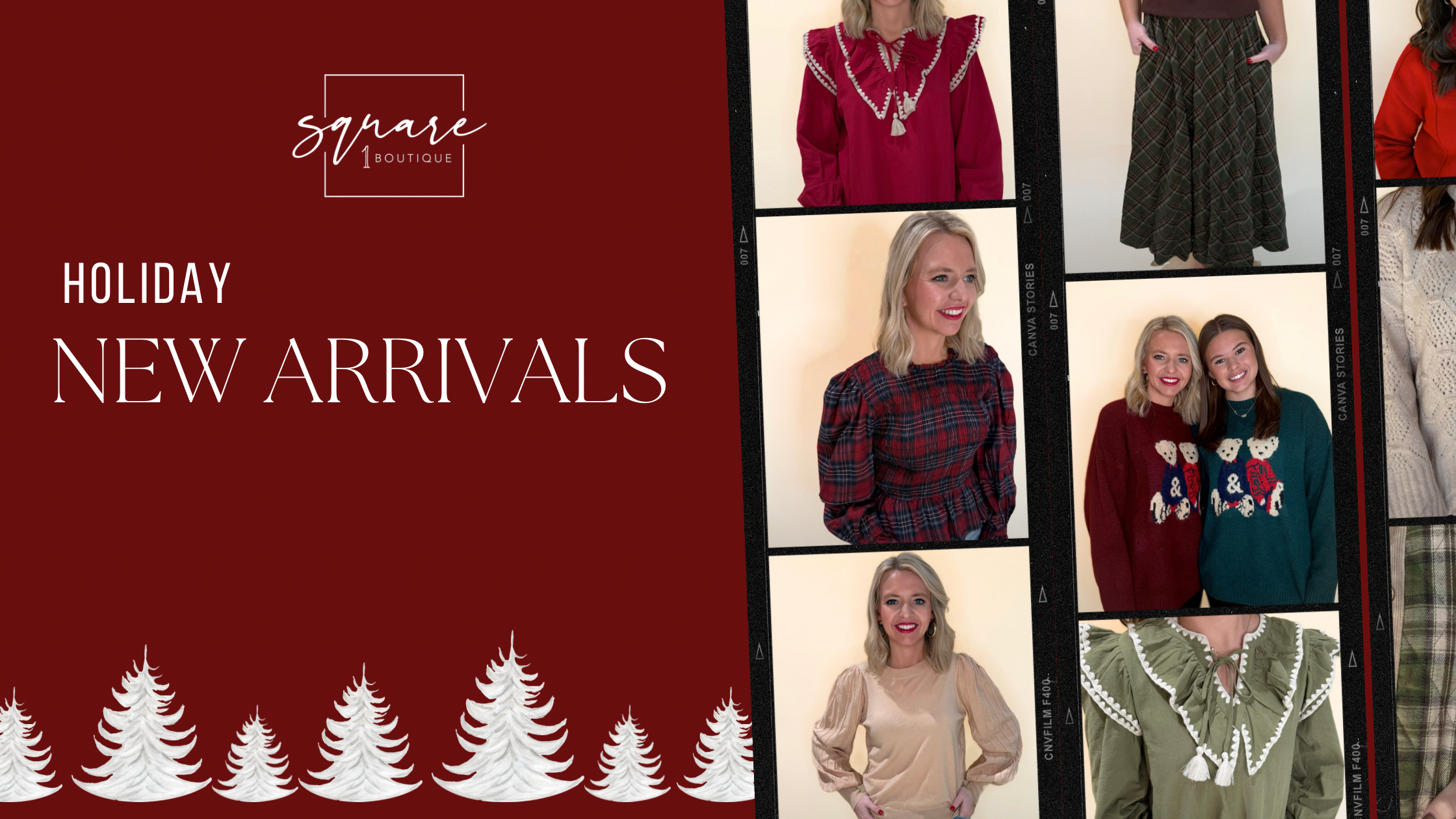Holiday New Arrival graphic featuring women modeling seasonal tops, sweaters, and skirts in rich festive colors. Deep red backdrop with white illustrated Christmas trees and multiple fashion product previews displayed in a film-strip layout. 