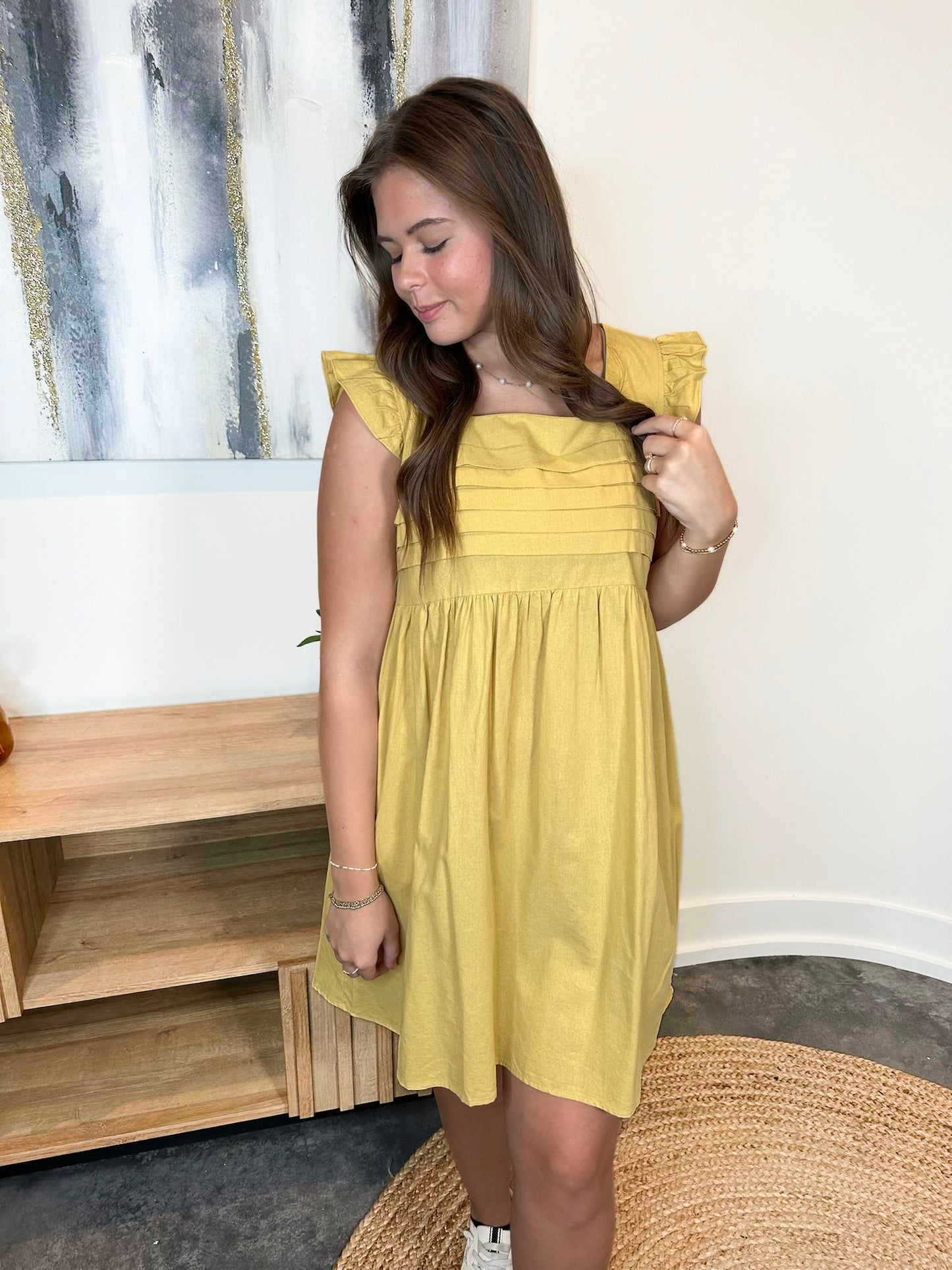 Mustard Baby Doll Flutter Sleeve Mini Dress
