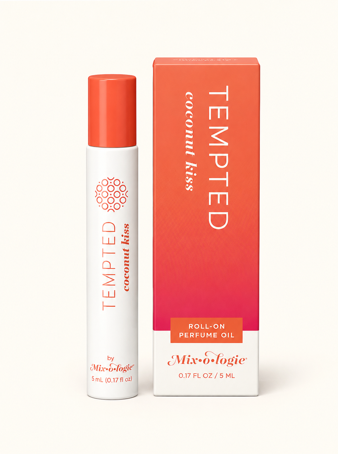 Mixologie Tempted Coconut Kiss 5 mL roll-on perfume oil with coral cap and pink-orange gradient packaging on a cream studio background.