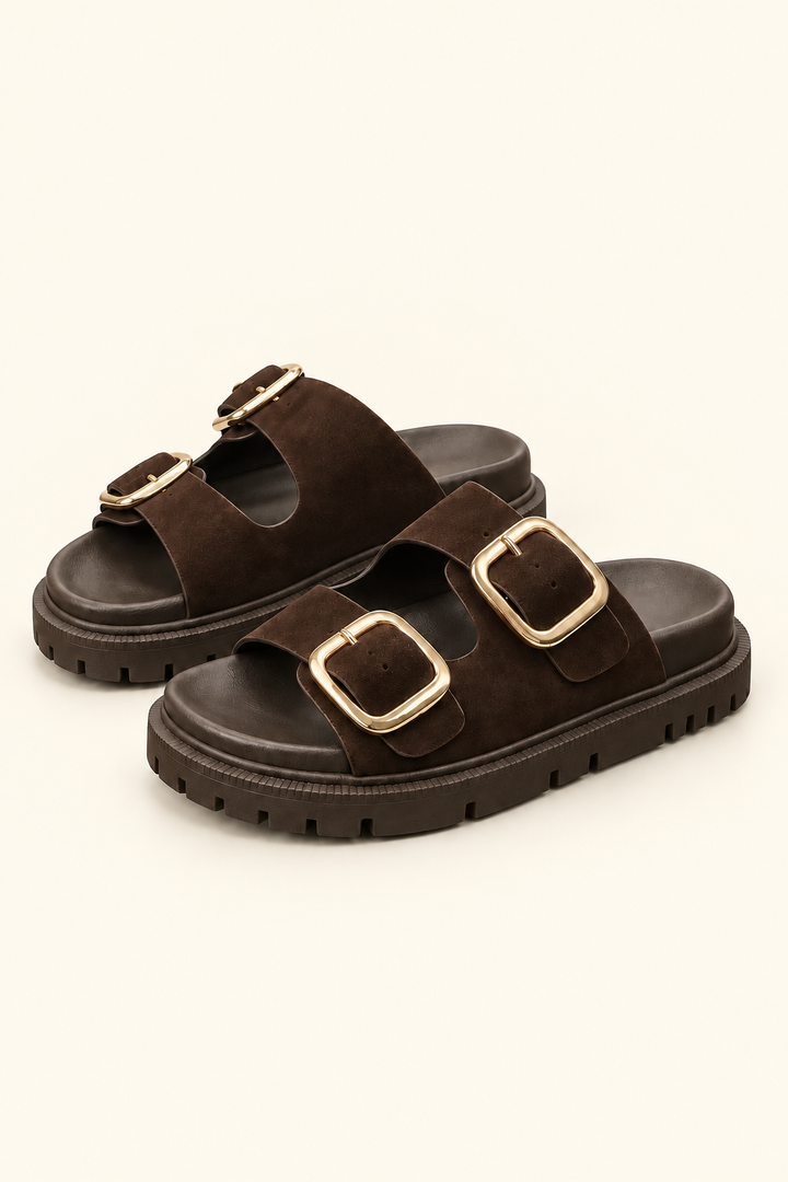 Dark brown suede double-buckle platform sandals with oversized gold hardware shown in a three-quarter studio view.