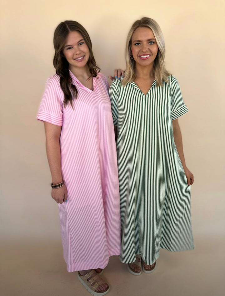 Raina Split Neck Striped Midi Dress