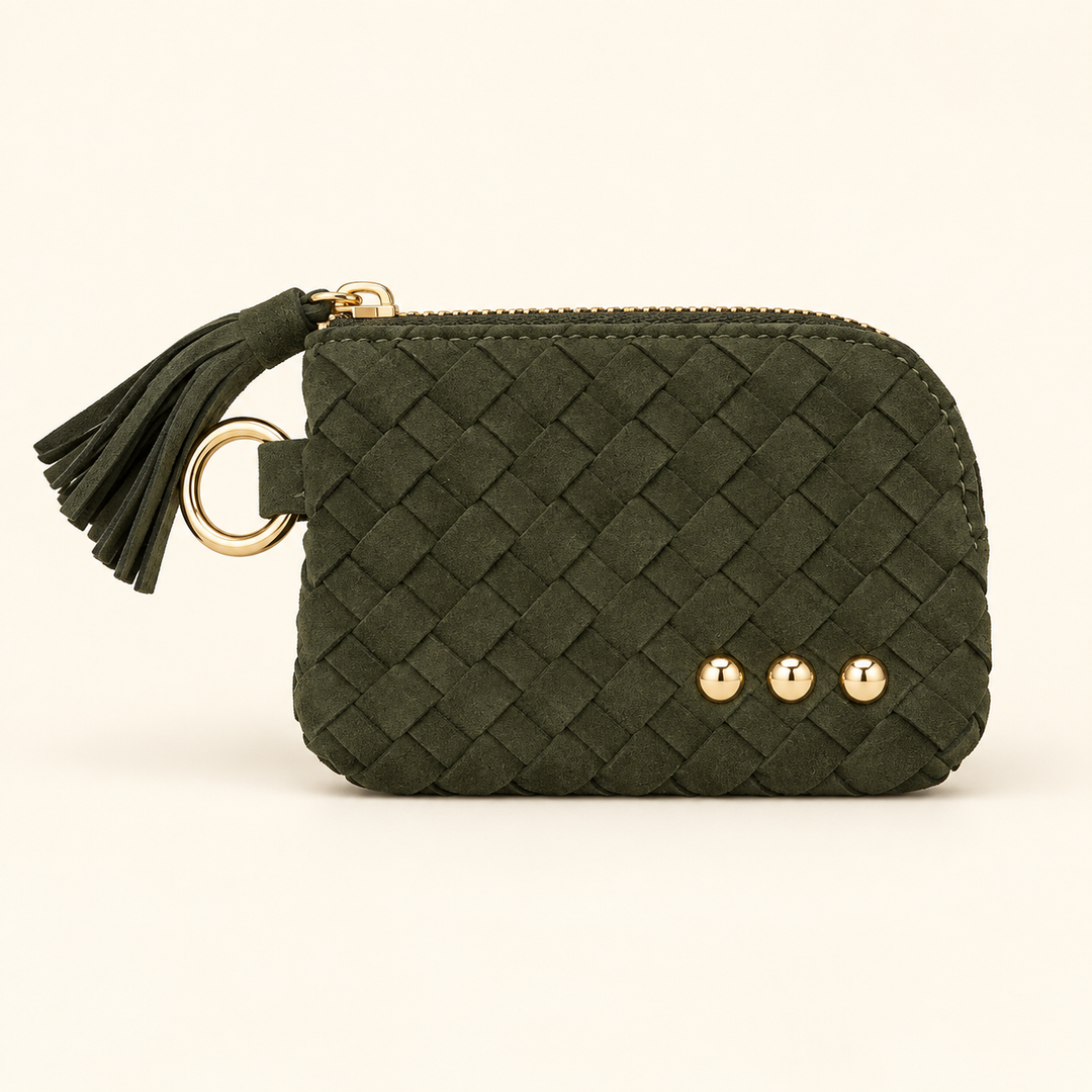Front view of the Suede Paris Card Wallet in olive with a woven design, tassel zipper, ring detail, and gold-tone accents.
