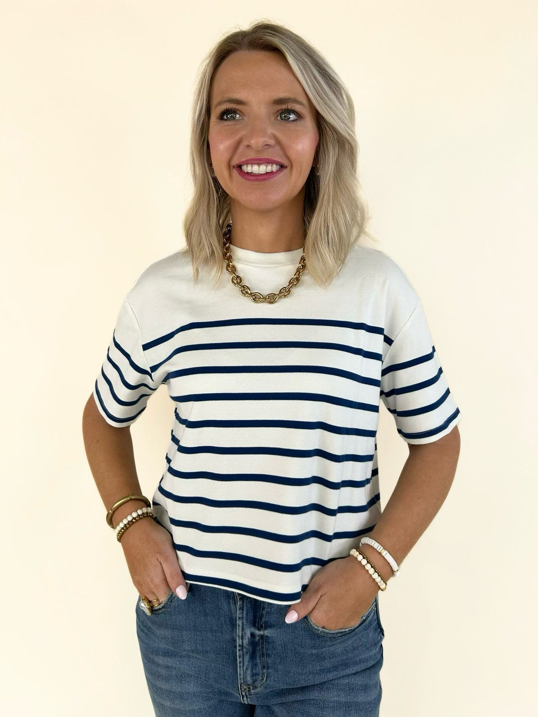 Maddox Top Cream Navy Stripe