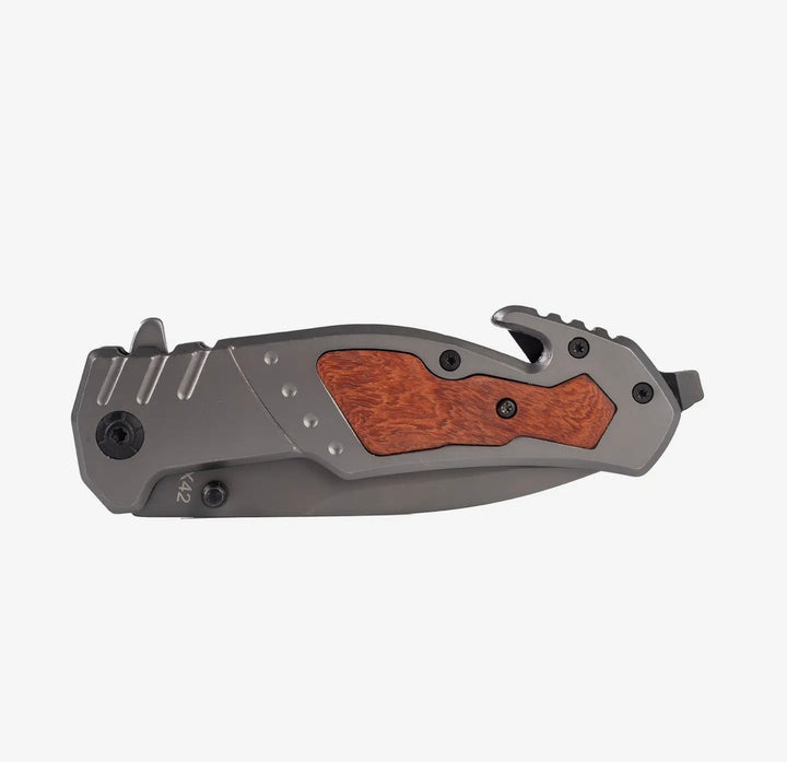 Closed Appalachian folding pocket knife featuring a gray stainless steel frame, rich wood handle inlay, integrated pocket clip, seatbelt cutter, and emergency glass breaker.