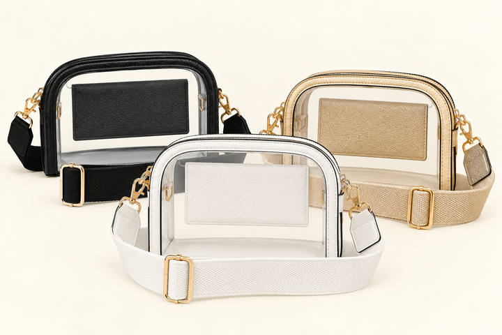 The Sideline Clear Crossbody Bags in black, white and gold displayed together with adjustable straps and clear PVC bodies