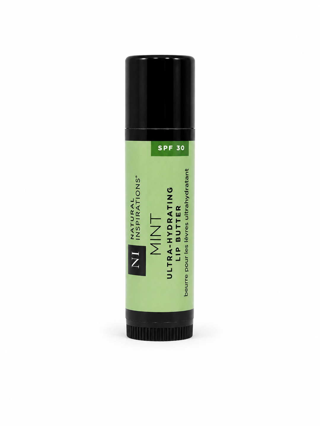 Natural Inspirations Mint Ultra-Hydrating Lip Butter with SPF 30 in a moisturizing lip balm tube for cooling hydration and sun protection.