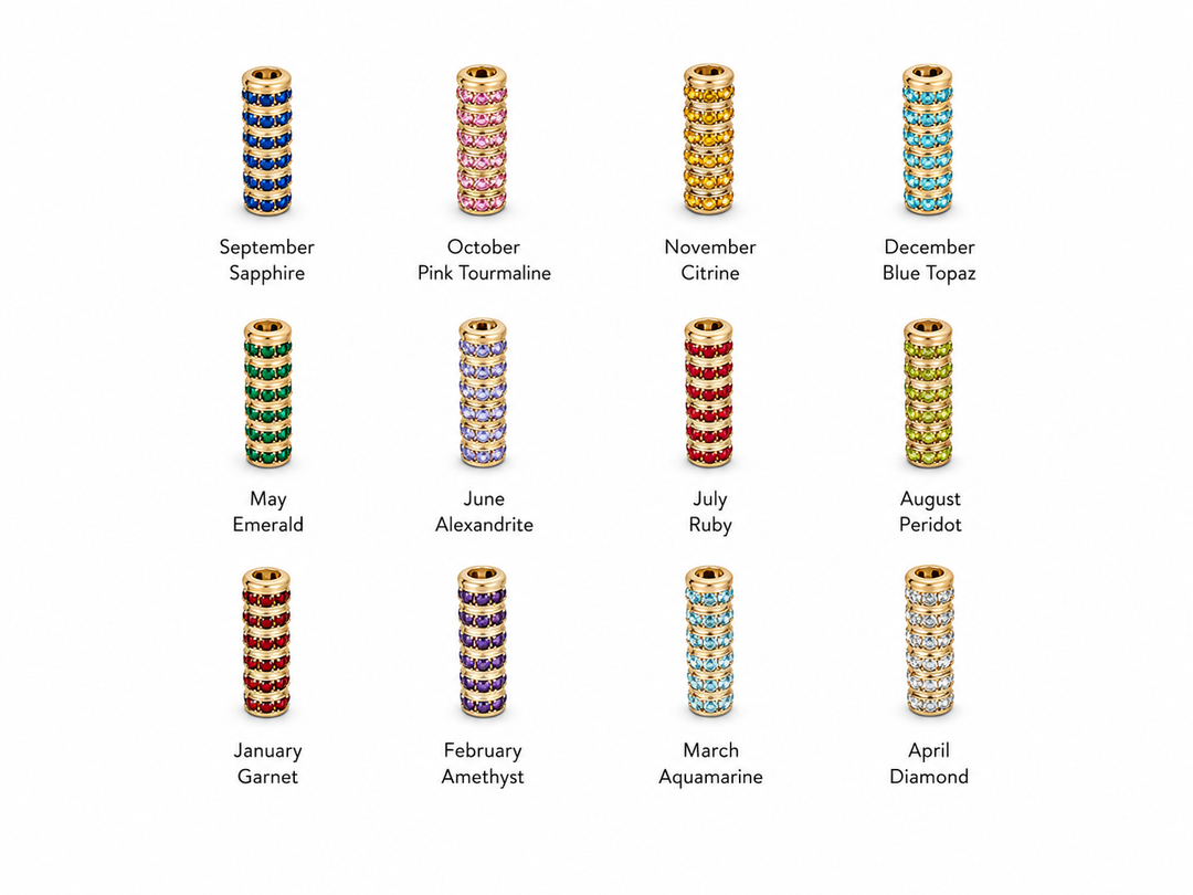 A chart showing twelve cylindrical gemstone beads arranged in a 3-by-4 grid on a white background, each labeled with its corresponding month and gemstone name. The beads feature gold-toned edges with colorful inlay stones in shades of blue, green, pink, red, and purple.