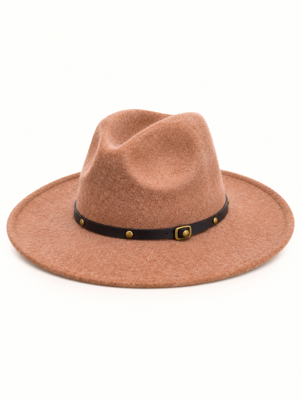 Women's warm brown wide brim felt western fedora hat featuring a structured pinched crown, textured felt finish, and black adjustable band with antique gold buckle and stud accents on a cream background.