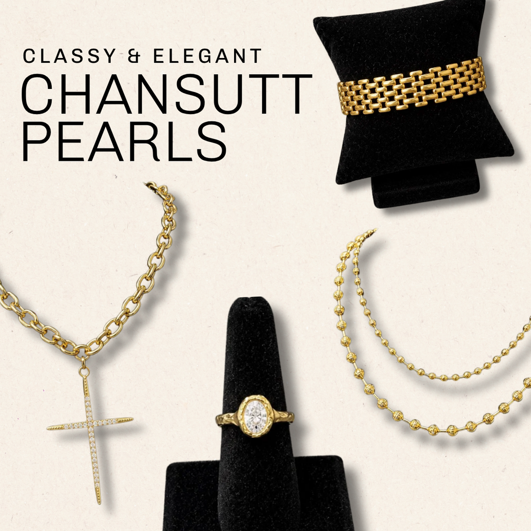 Four pieces of gold jewelry displayed on black velvet jewelry stands against a light beige background, with the text 'CLASSY & ELEGANT CHANSUTT PEARLS' | Square 1 Boutique | Brent, AL