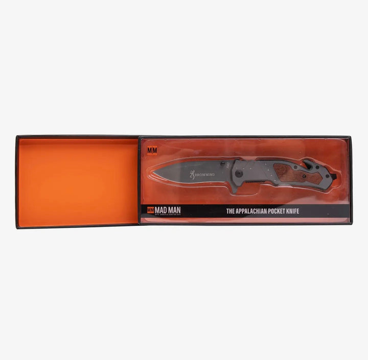 Mad Man Appalachian folding pocket knife displayed in premium gift box with stainless steel blade, wood inlay handle, pocket clip, seatbelt cutter, and glass breaker.