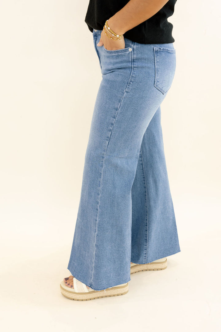 Dear John Bowie Bowie Wide Leg Jeans in Poetry side view showing high-rise fit, wide legs and raw hem