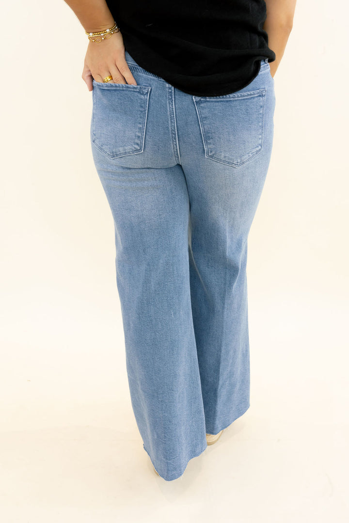 Dear John Bowie Wide Leg Jeans in Poetry showing light wash denim, back pockets and wide-leg silhouette