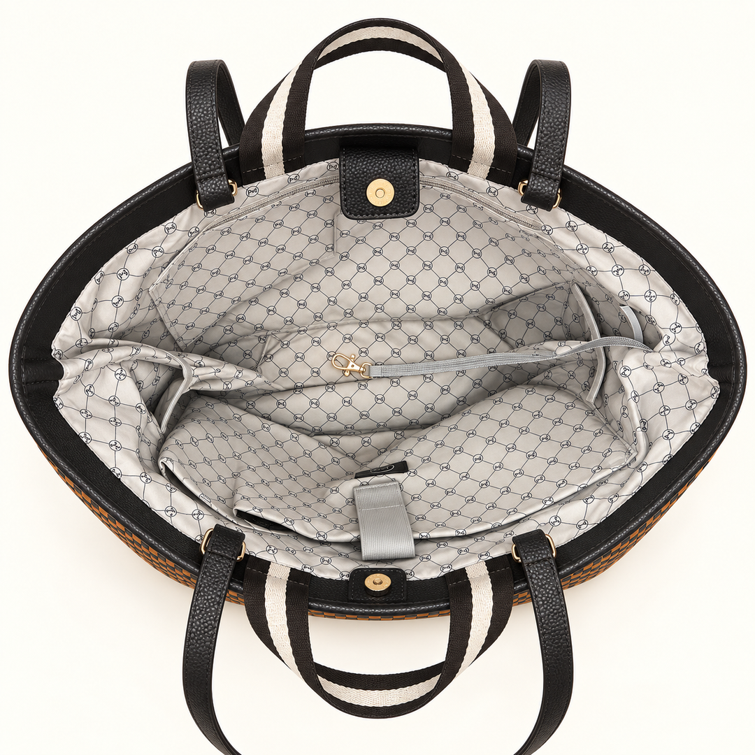 Open view of a structured tote bag showing the interior lining, black and cream striped handles, and a light gray patterned fabric interior.