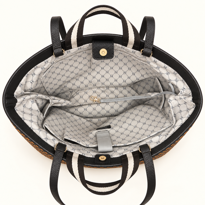 Open view of a structured tote bag showing the interior lining, black and cream striped handles, and a light gray patterned fabric interior.