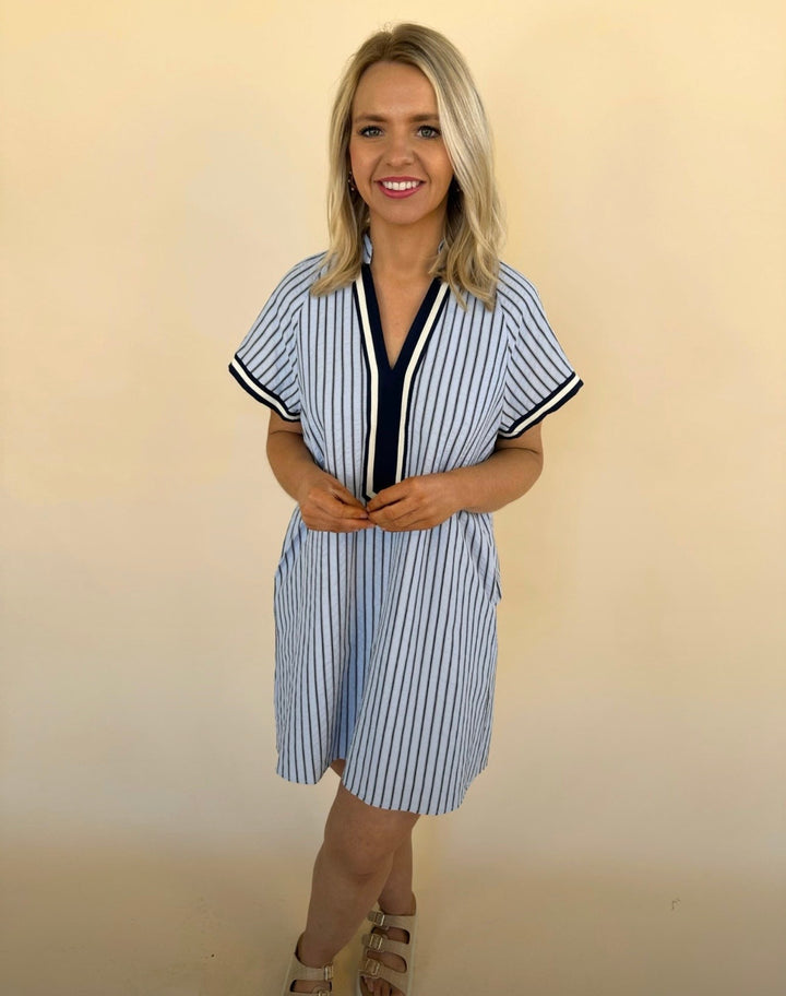 Thea Stripes Textured V-Neck Dress