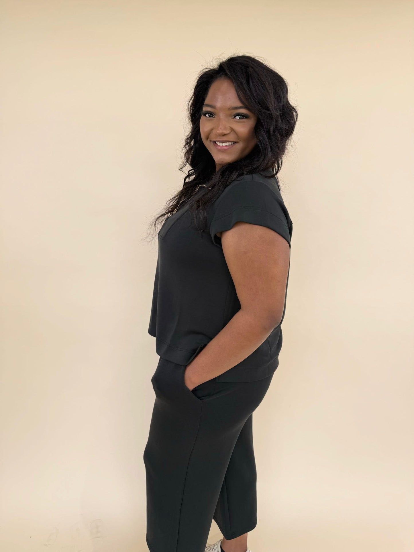 CloudSilk Weekend Set in black with cap sleeve zip collar top and cropped drawstring pants with pockets