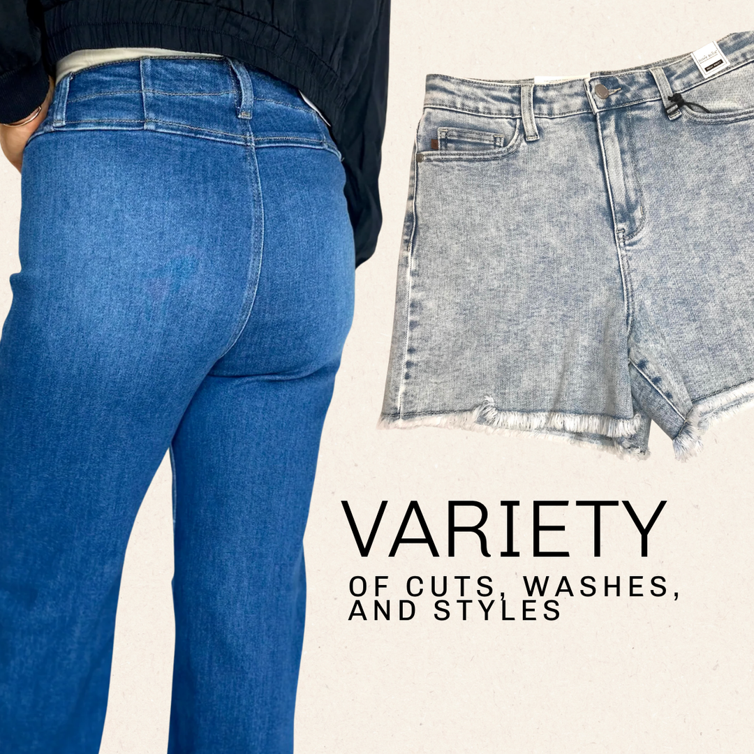 A promotional collage showing blue denim jeans worn by a model from the back on the left, a pair of light-wash denim shorts on the right, and black text reading 'VARIETY OF CUTS, WASHES, AND STYLES' on a light beige background | Square 1 Boutique | Brent, AL