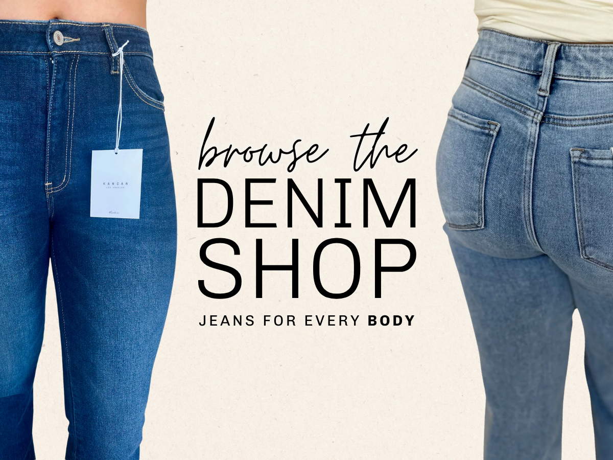 Promotional banner showing two views of blue denim jeans on a model: the front three-quarter view on the left with a white hangtag, and the back view on the right. Centered text reads 'browse the DENIM SHOP' and 'JEANS FOR EVERY BODY' on a light cream background | Square 1 Boutique | Brent, AL