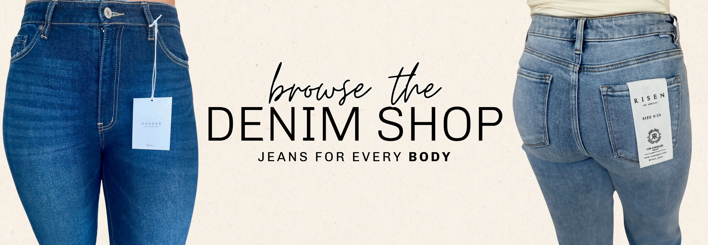 A promotional banner showing two views of denim jeans on a light beige background. The left side shows a close-up of blue jeans with a white hangtag, and the right side shows a close-up of light-wash blue jeans from the back with a brand tag | Square 1 Boutique | Brent, AL