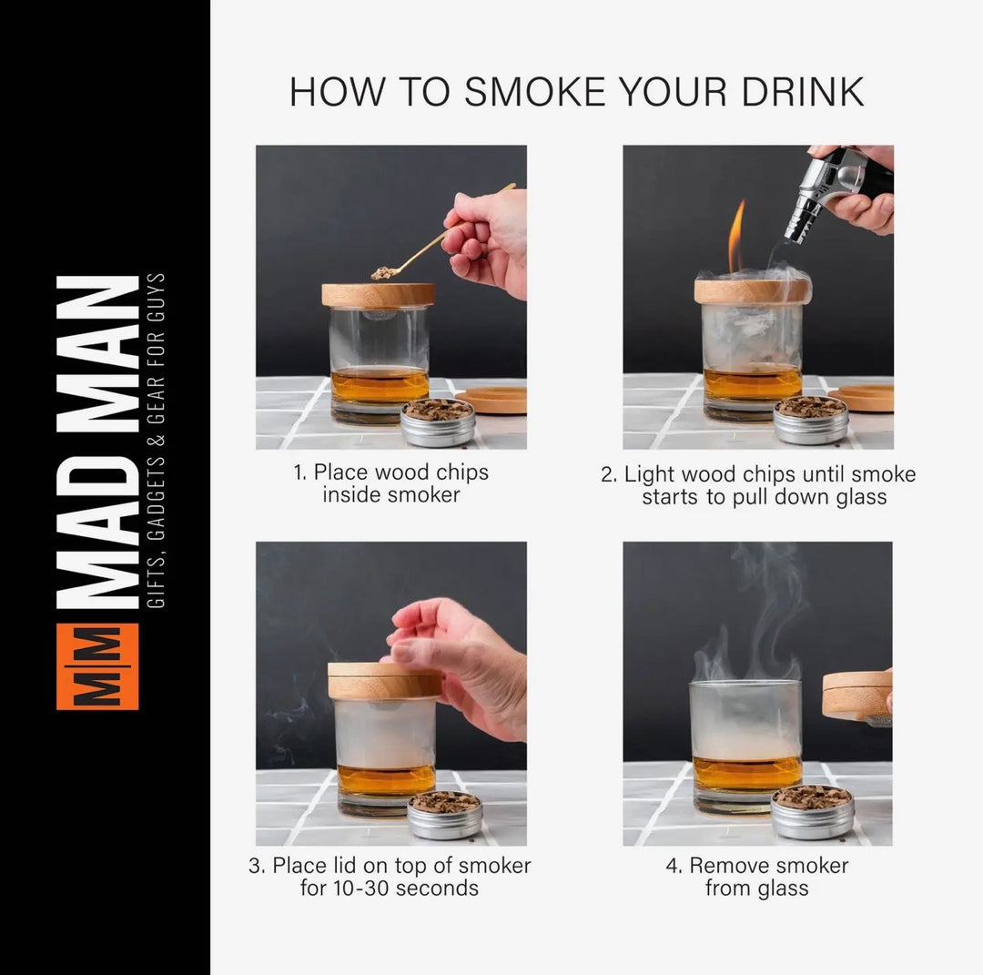 Mad Man Whiskey Smoker illustrated instructions showing the four-step process for smoking whiskey and craft cocktails with wood chips and torch.