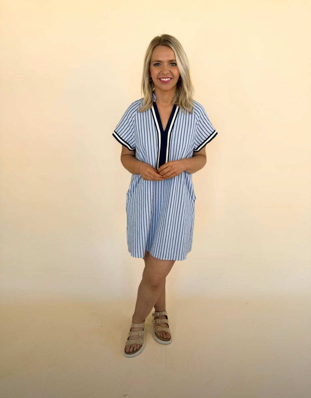 Thea Stripes Textured V-Neck Dress