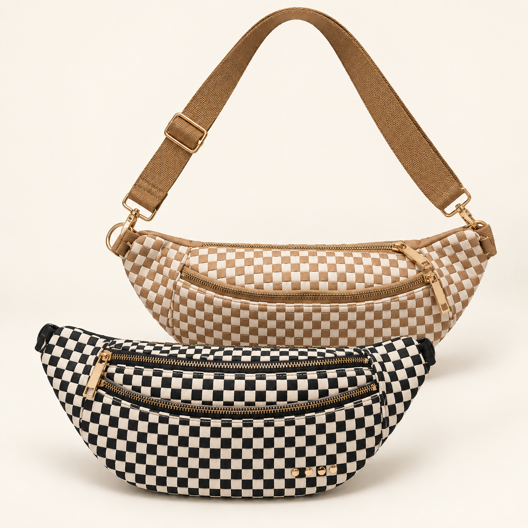 Woven Susie Sidekick Bum Bags in Checkered Tan and Checkered Black with adjustable straps.