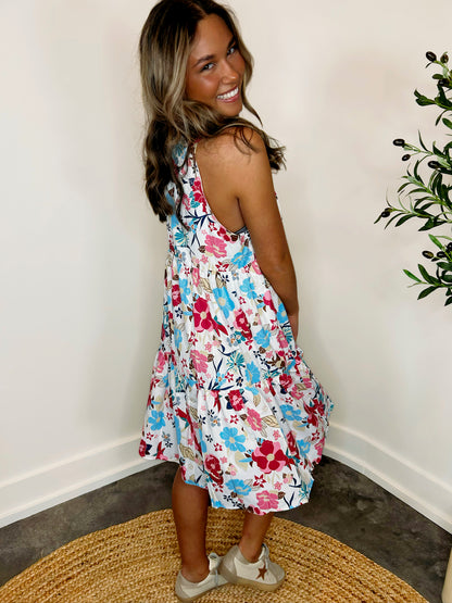Frill Mock Neck Sleeveless Tiered Floral Dress