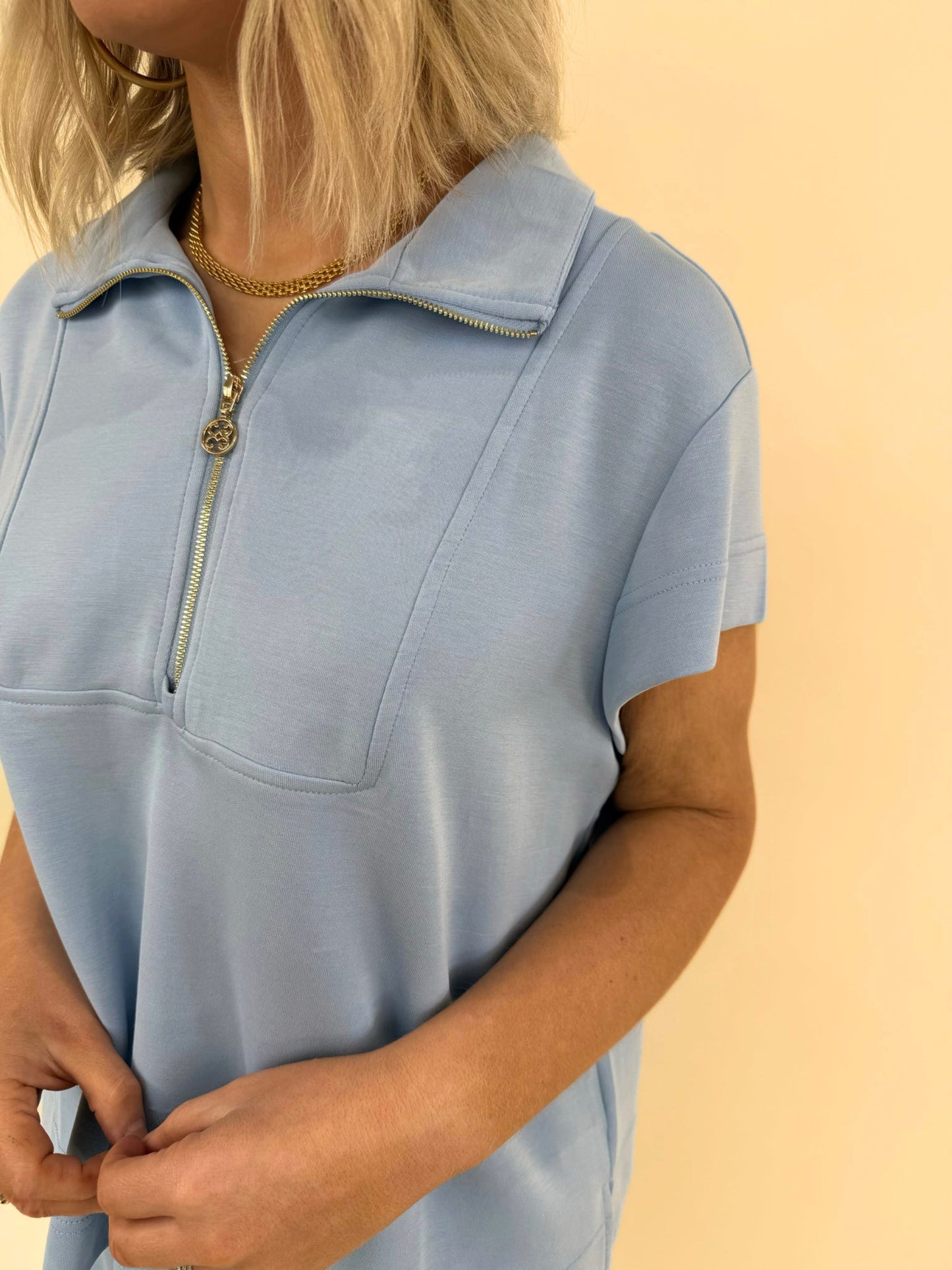 CloudSilk Weekend Set in soft blue modal blend with gold zip collar detail and cap sleeve top